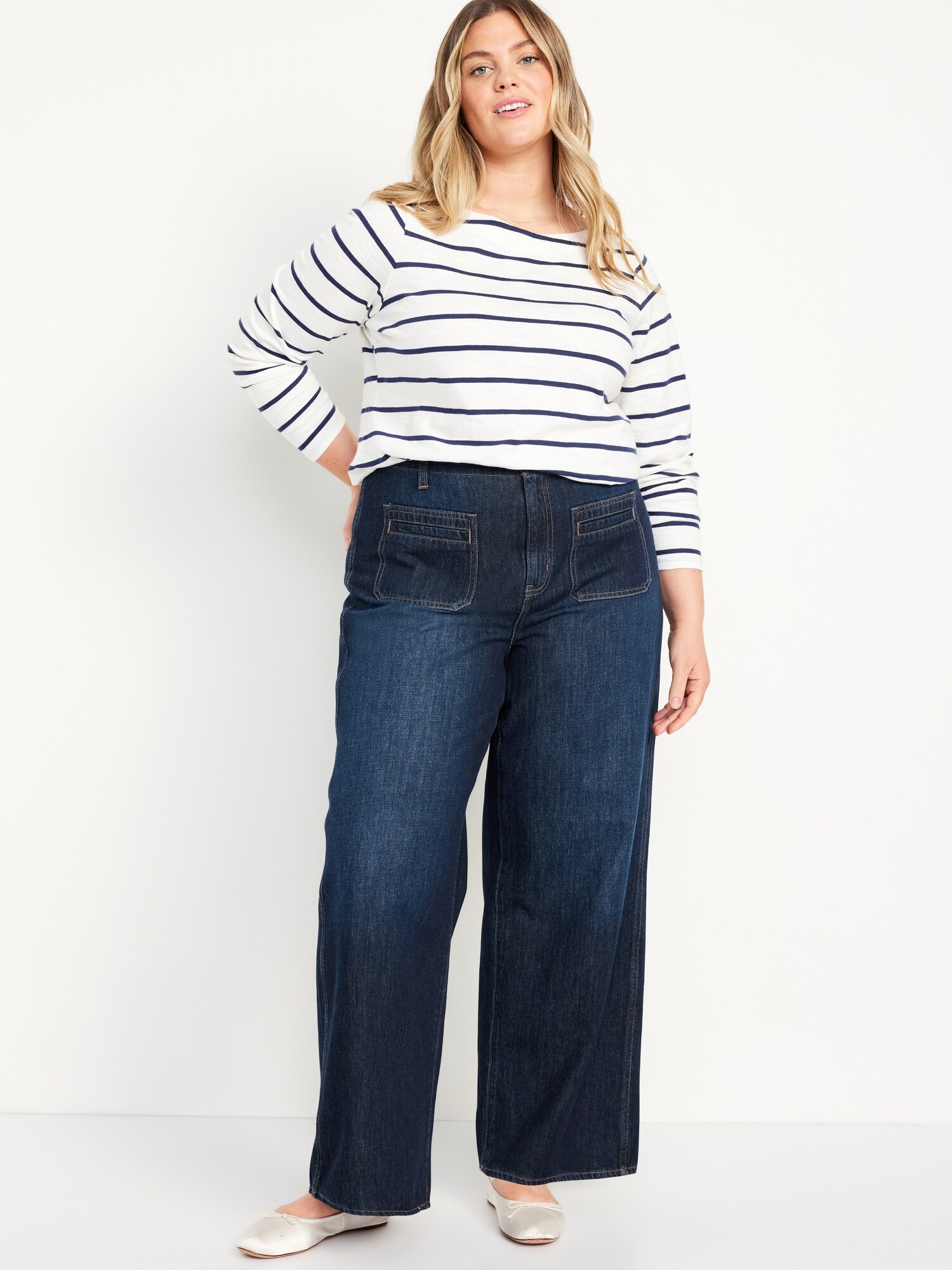 Женские джинсы Old Navy High-Waisted Baggy Wide-Leg Trouser, цвет: Тёмная варка — фото 6
