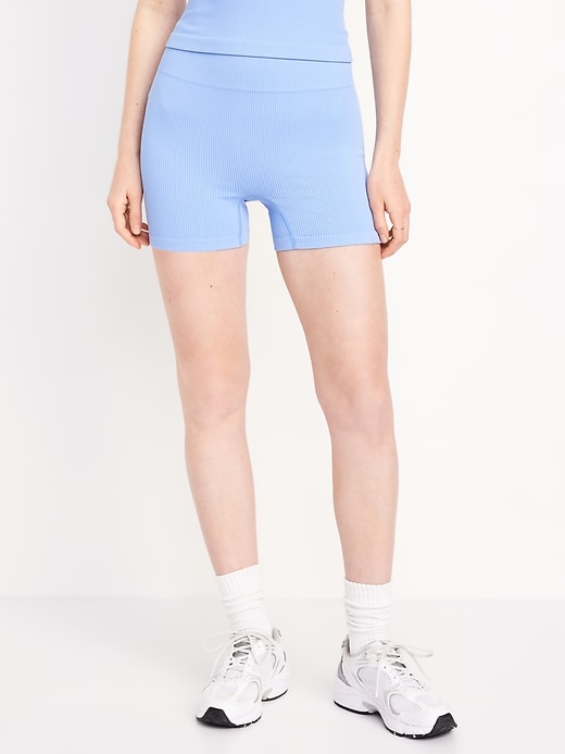 Image number 1 showing, Extra High-Waisted Seamless Ribbed Biker Shorts -- 4-inch inseam