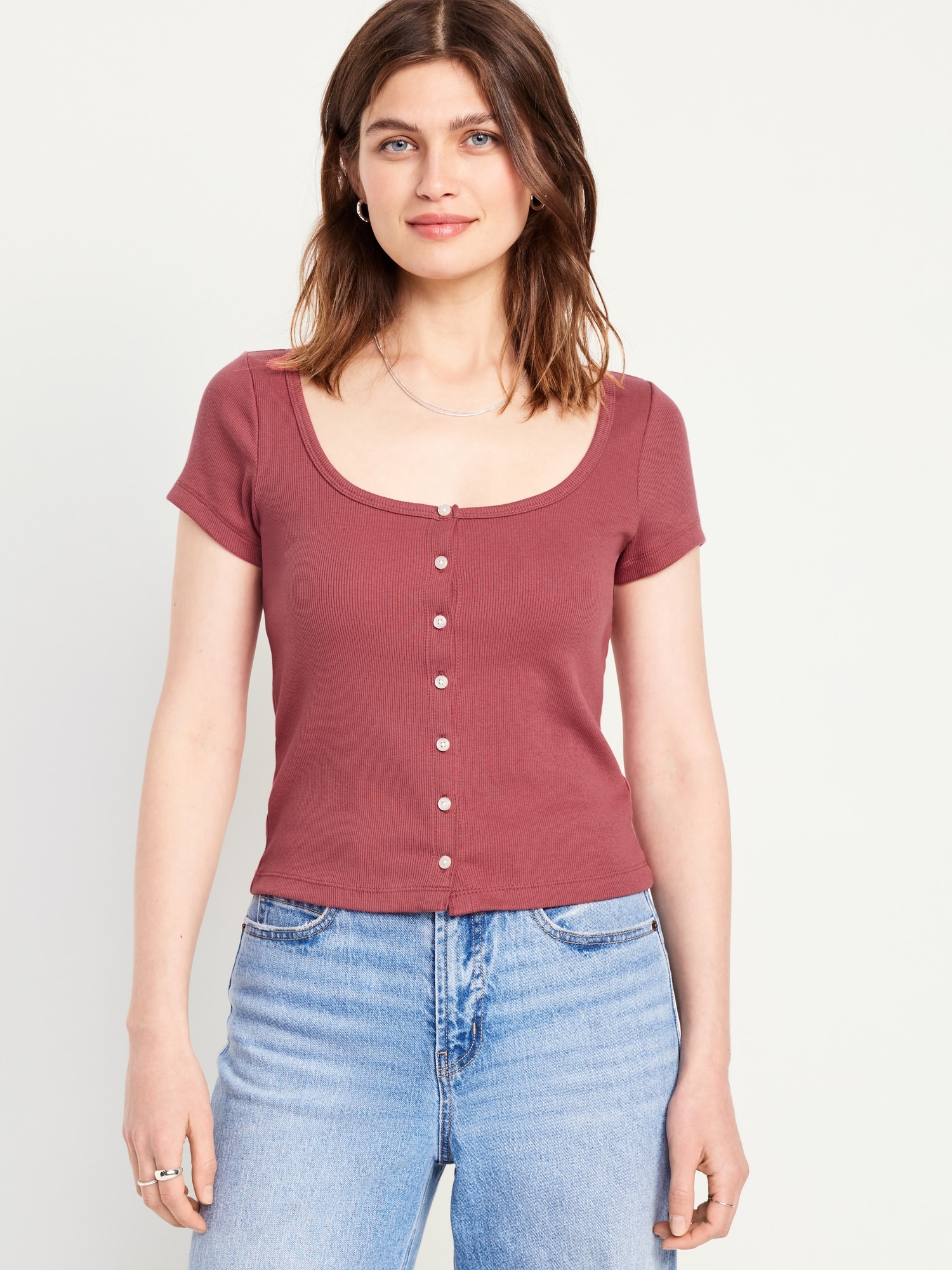 Rib-Knit Button-Down Top