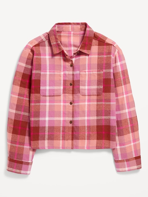 View large product image 2 of 3. Cropped Long-Sleeve Plaid Pocket Flannel Shirt for Girls