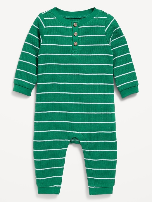 View large product image 1 of 1. Printed Long-Sleeve Thermal-Knit Henley One-Piece for Baby