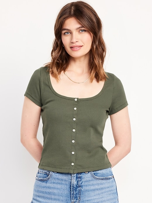 Image number 1 showing, Rib-Knit Button-Down Top