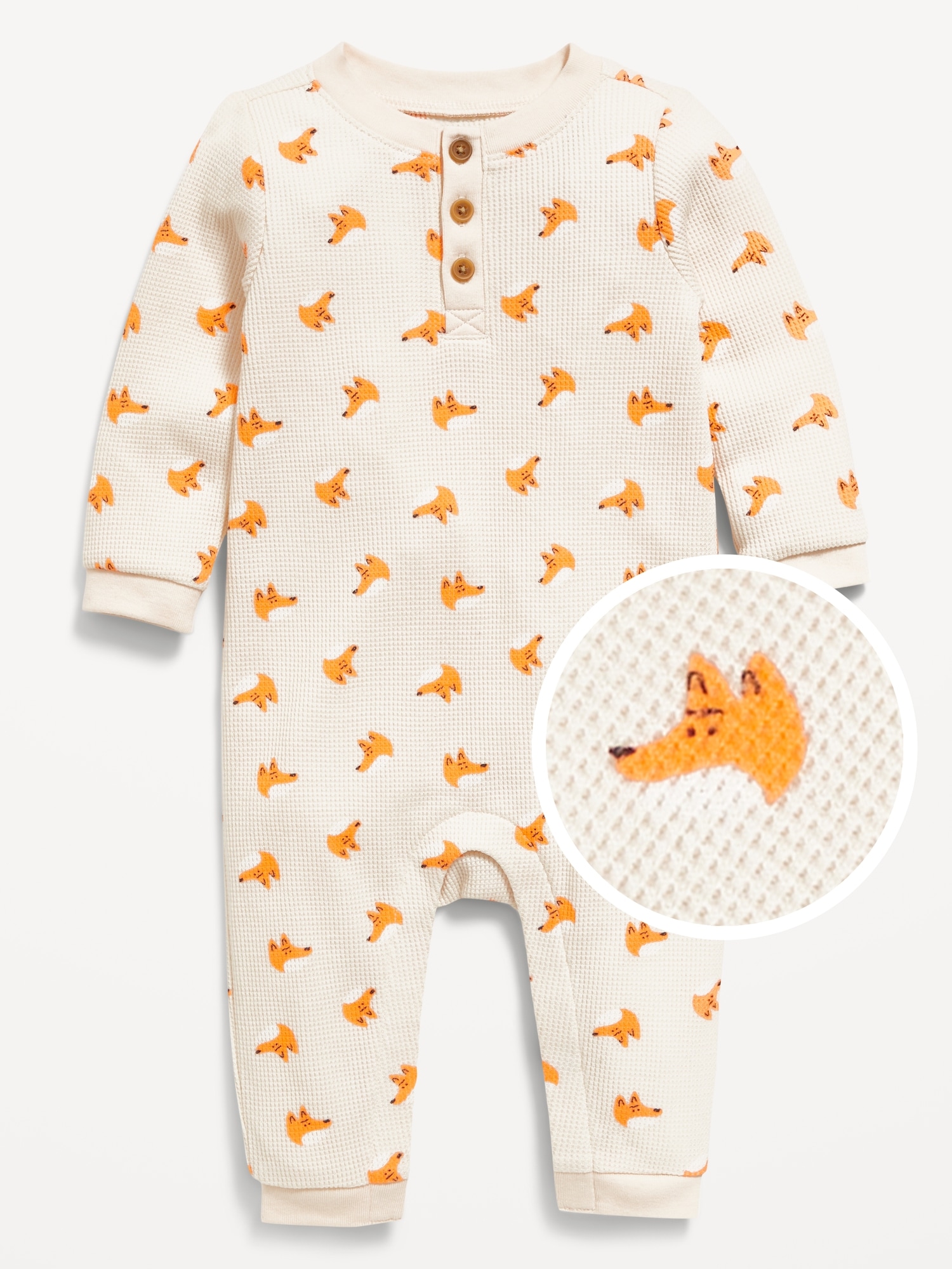 Printed Long-Sleeve Thermal-Knit Henley One-Piece for Baby