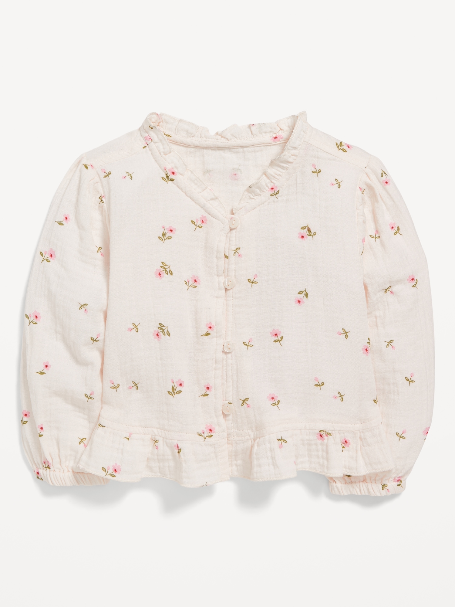 Printed Long-Sleeve Ruffle-Trim Double-Weave Top for Toddler Girls