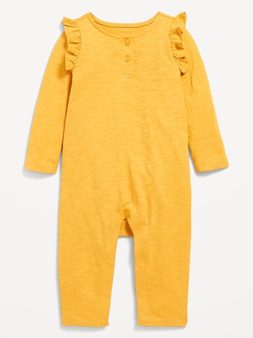 View large product image 1 of 1. Long-Sleeve Ruffle-Trim Henley Jumpsuit for Baby