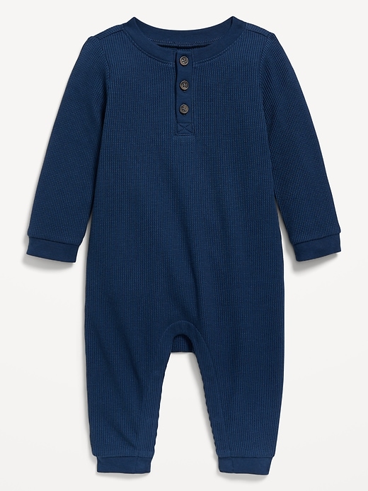 View large product image 1 of 1. Long-Sleeve Thermal-Knit Henley One-Piece for Baby