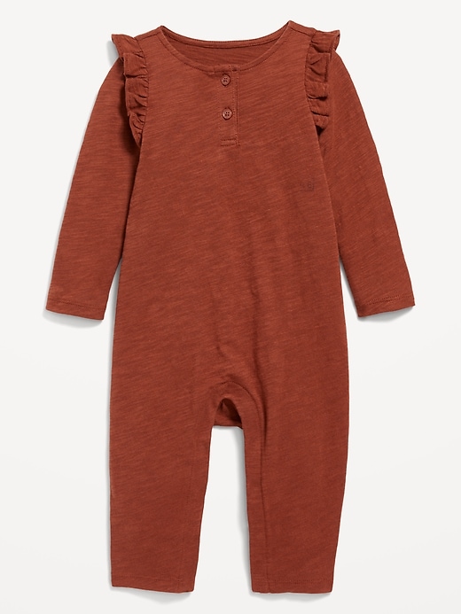 View large product image 1 of 2. Long-Sleeve Ruffle-Trim Henley Jumpsuit for Baby