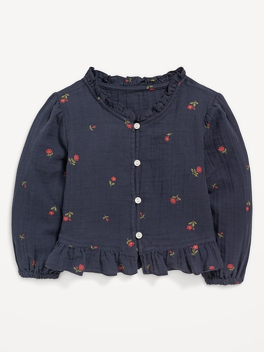 View large product image 1 of 1. Printed Long-Sleeve Ruffle-Trim Double-Weave Top for Toddler Girls