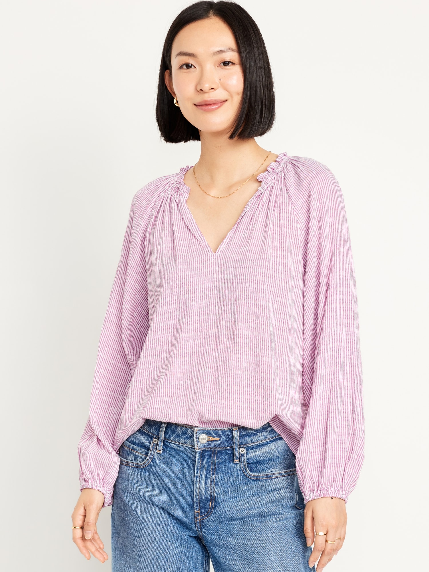 Split-Neck Seersucker Top