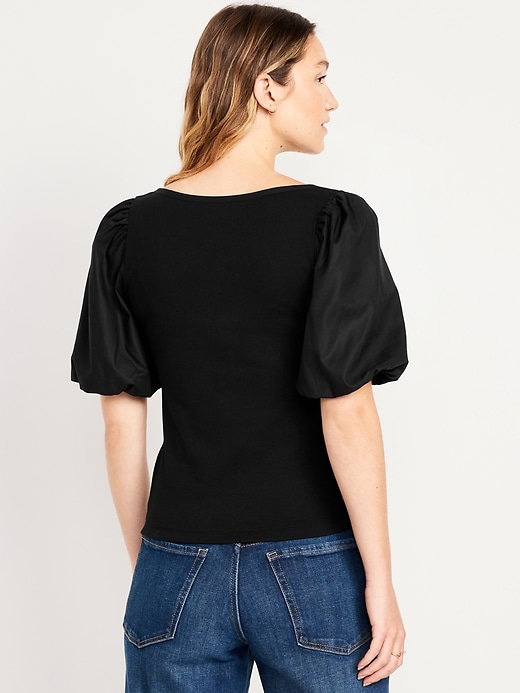 Image number 2 showing, Puff-Sleeve Mixed Fabric Top