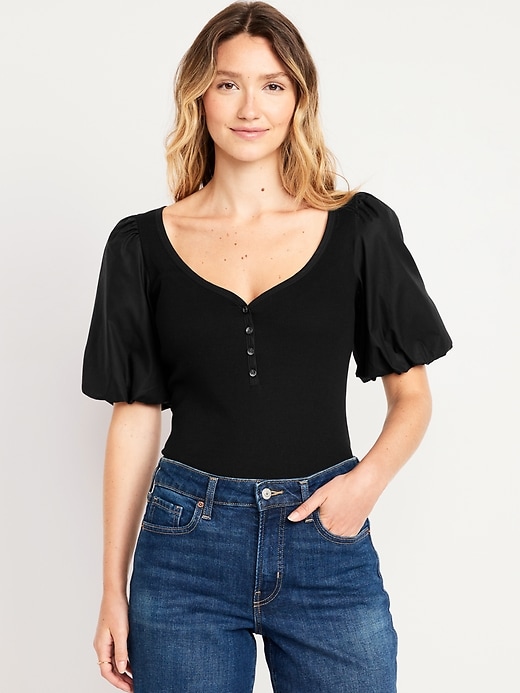 Image number 1 showing, Puff-Sleeve Mixed Fabric Top