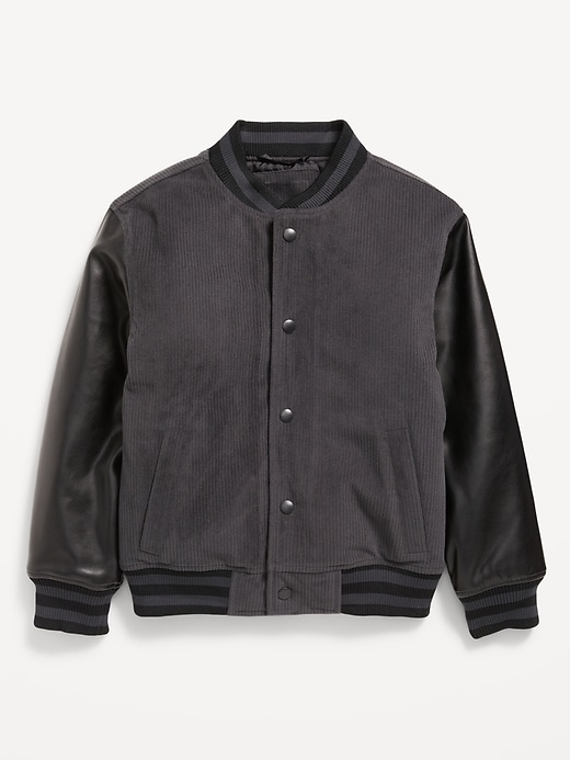 View large product image 2 of 3. Water-Resistant Faux-Leather Sleeves Corduroy Bomber Jacket for Boys