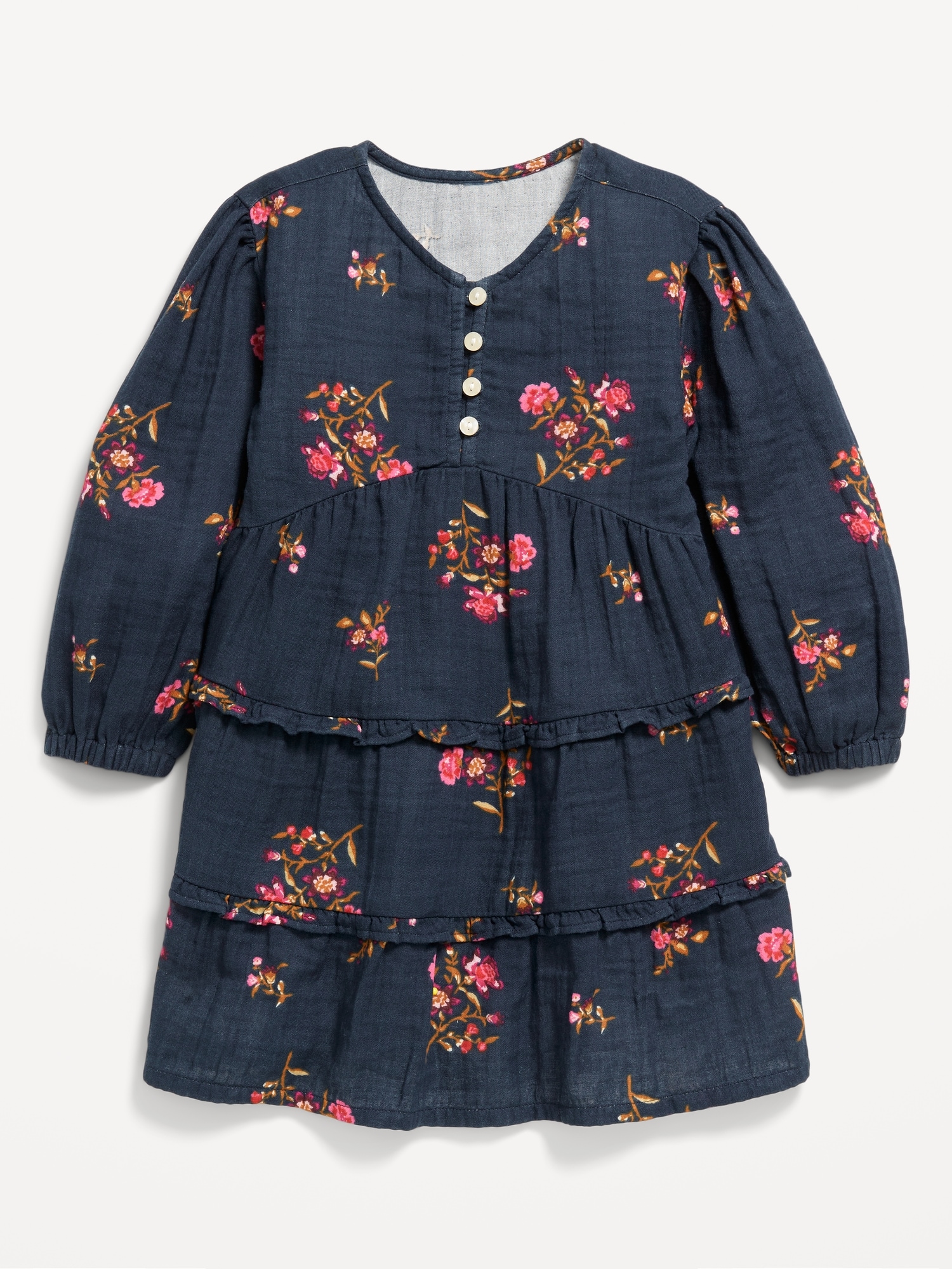 Printed Long-Sleeve Tiered Double-Weave Dress for Toddler Girls