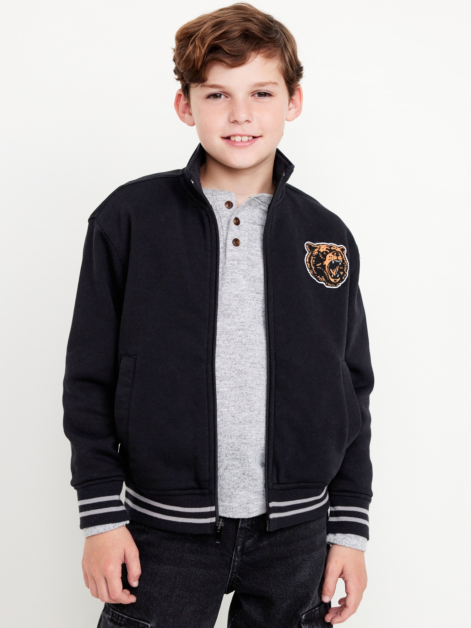 Zip-Front Embroidered Patch Bomber Jacket for Boys