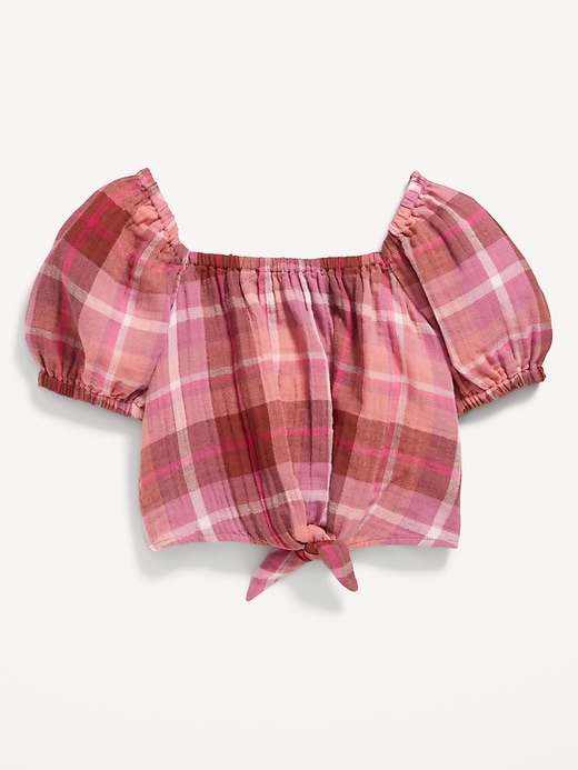 View large product image 2 of 3. Puff-Sleeve Double-Weave Tie-Knot Top for Girls