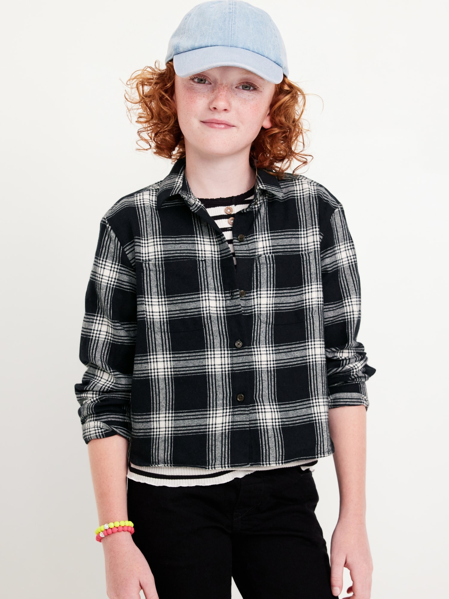 Cropped Long-Sleeve Plaid Pocket Flannel Shirt for Girls | Old Navy