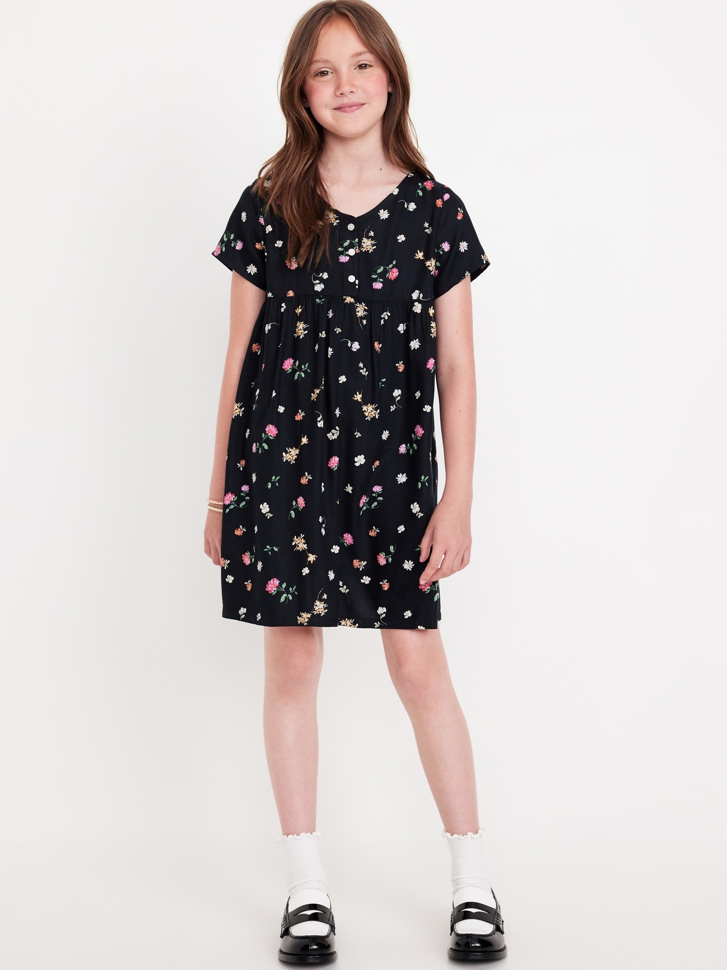 Loose Short-Sleeve Crepe Dress for Girls - Black