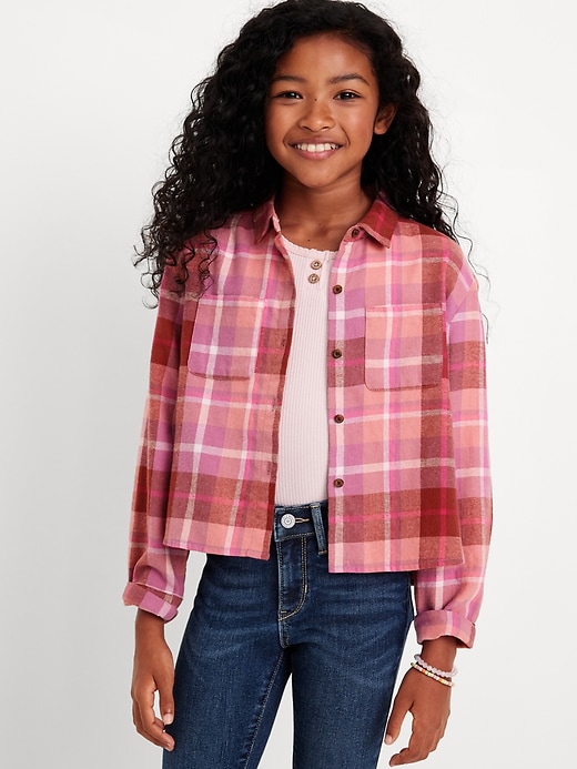 View large product image 1 of 3. Cropped Long-Sleeve Plaid Pocket Flannel Shirt for Girls