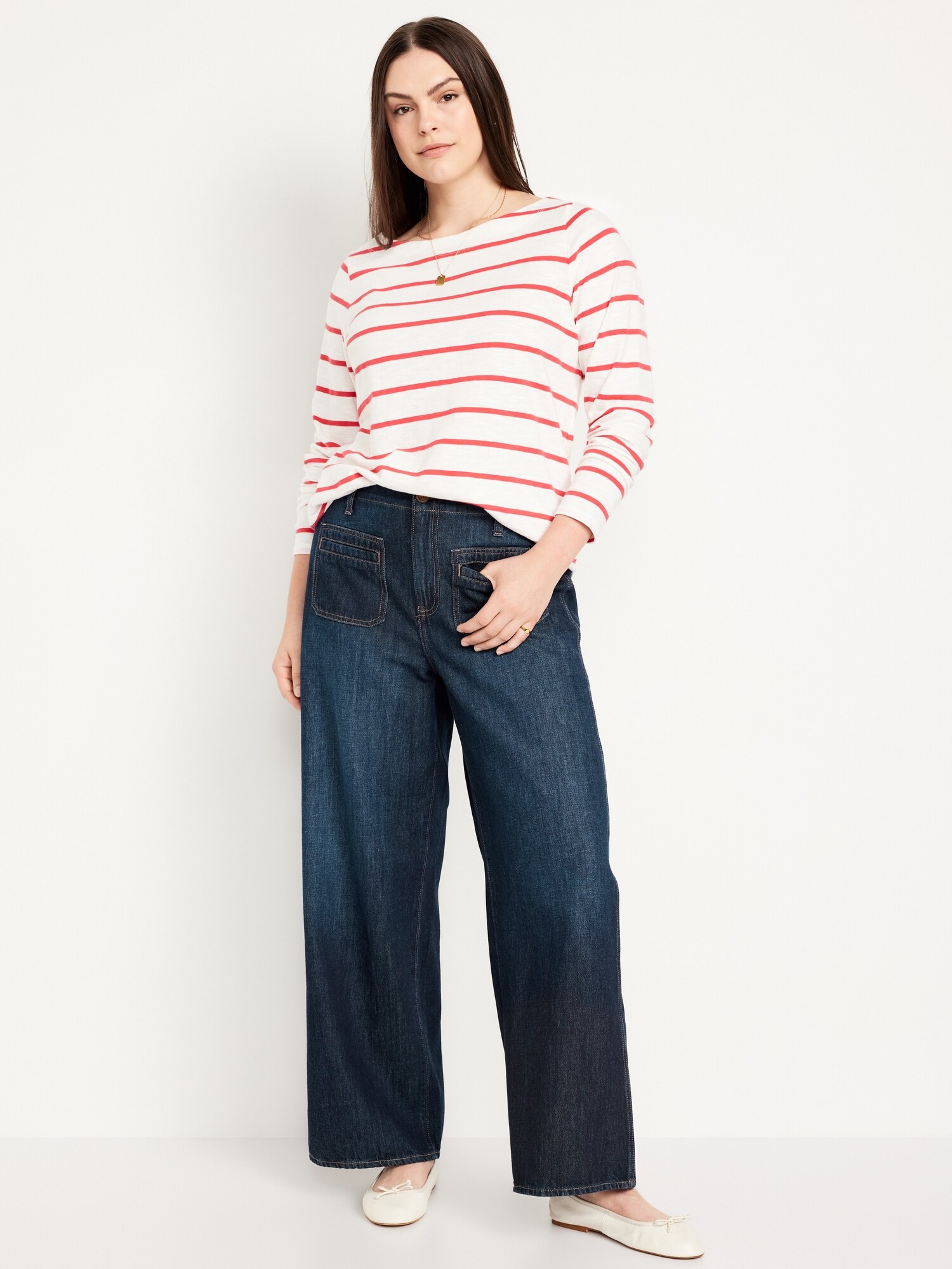 Женские джинсы Old Navy High-Waisted Baggy Wide-Leg Trouser, цвет: Тёмная варка — фото 4