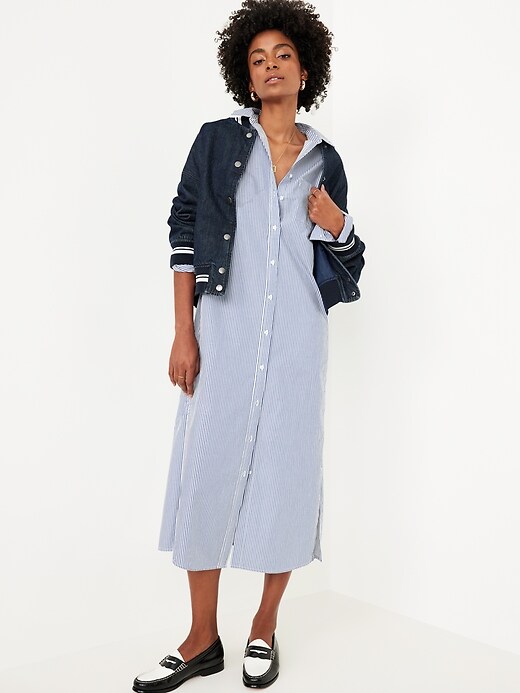 old navy loose midi shirt dress Old Navy Women's Pintuck-Waist Midi Shirt Dress - Blue