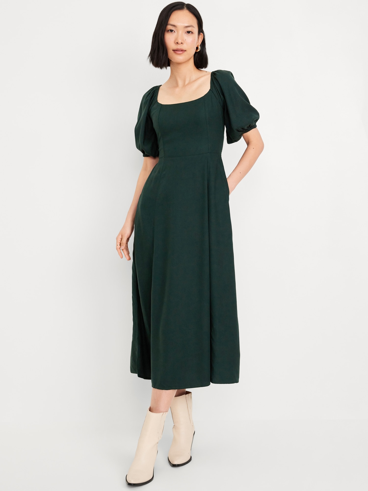 Fit and Flare Crepe Midi Dress - Green