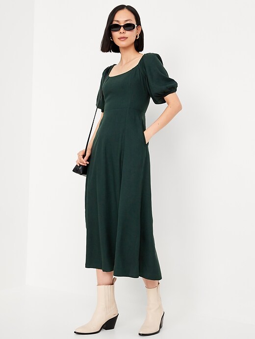 slim fit dress slacks Florida Midi Dress in Mini Navy Polka Dot