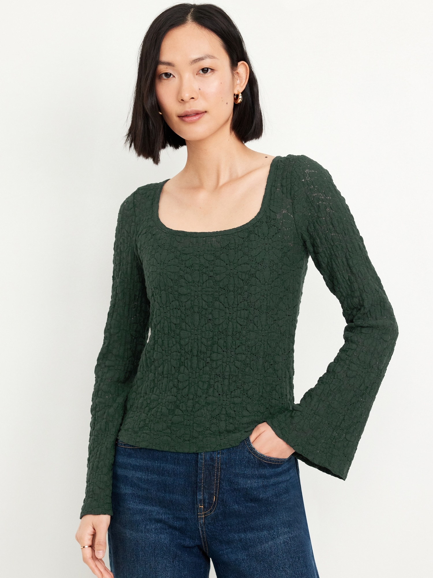 Textured Lace Scoop-Neck Top - Green