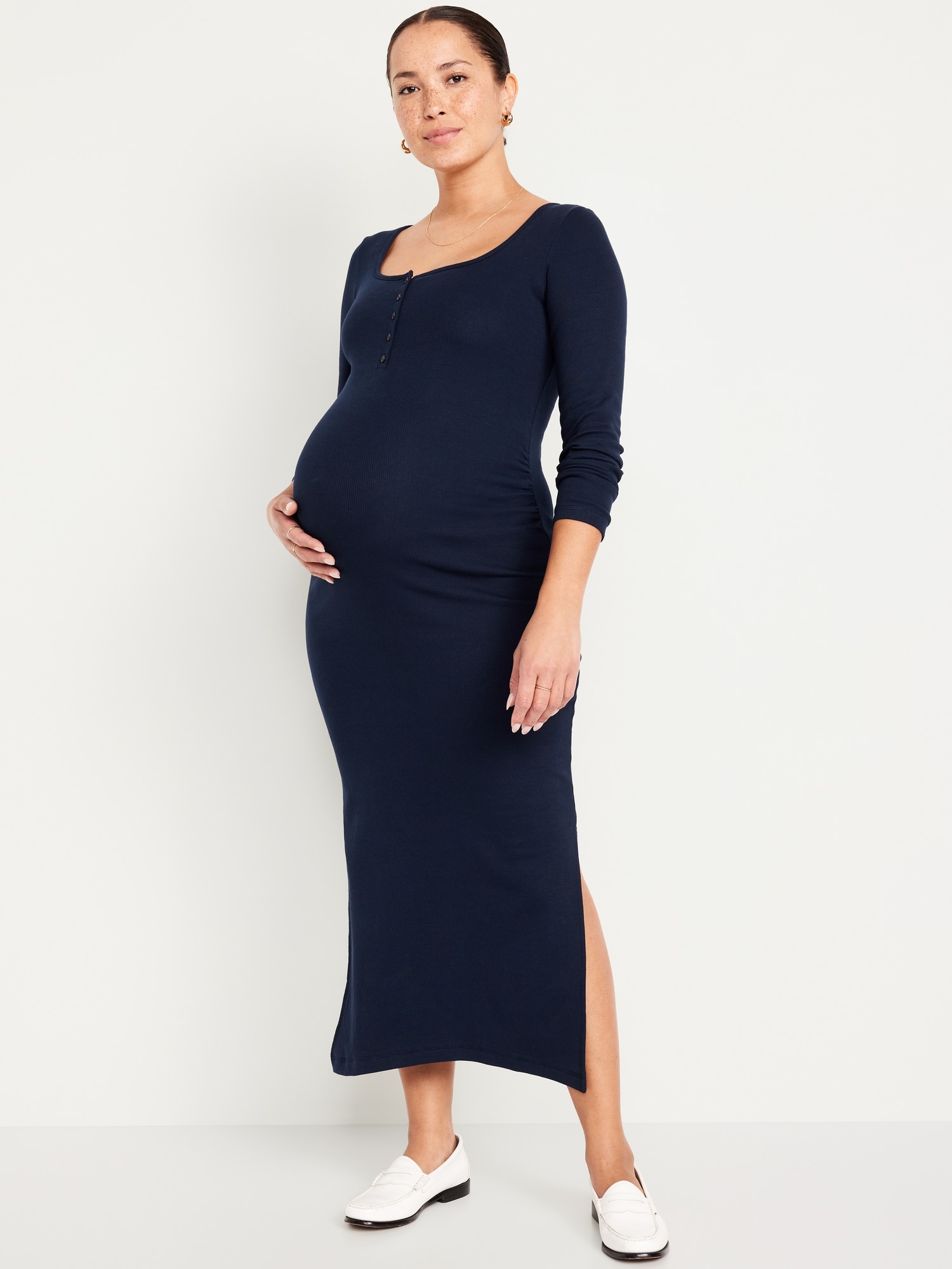 Maternity Long Sleeve Henley Midi Dress - Blue