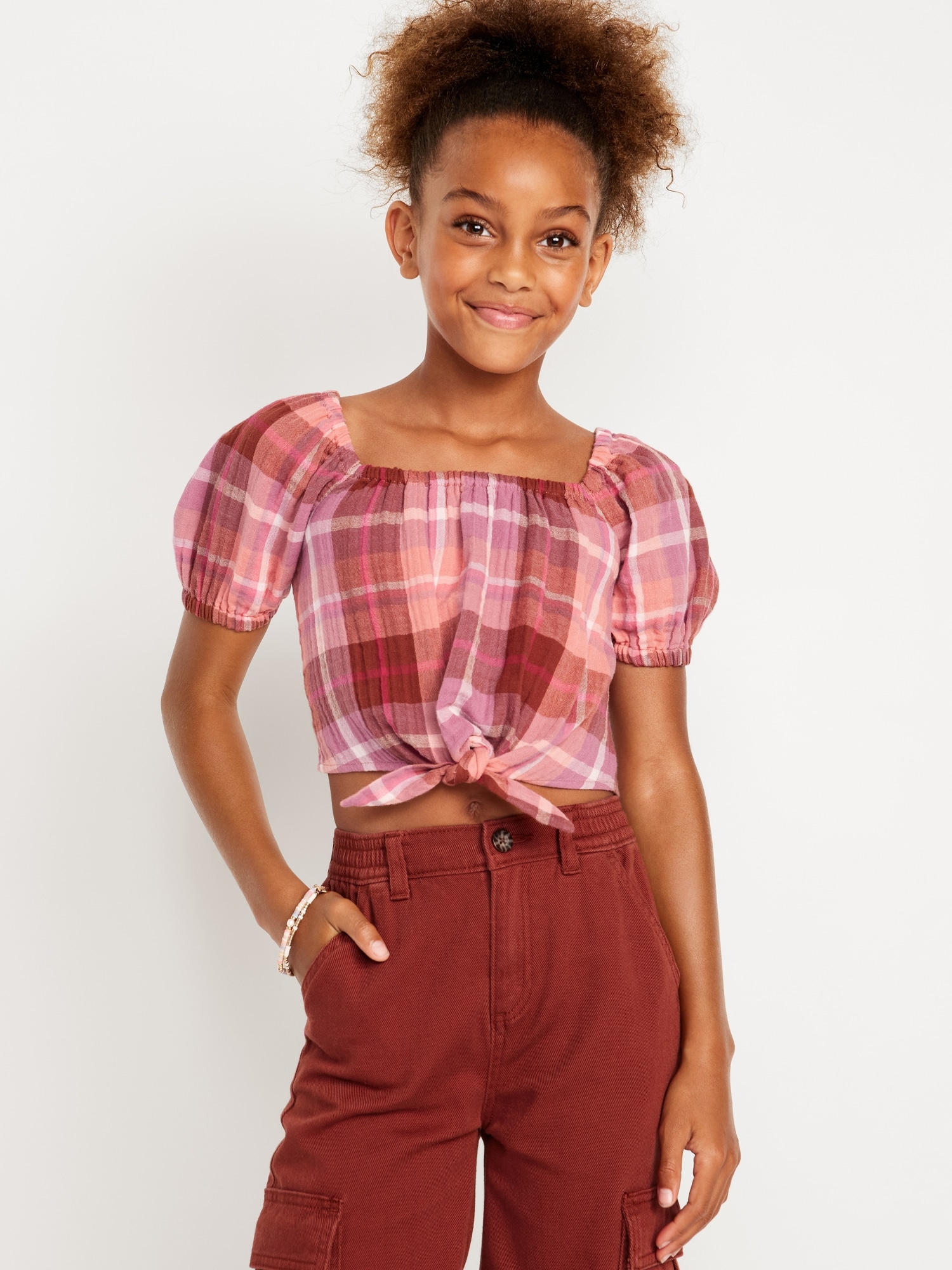 Puff-Sleeve Double-Weave Tie-Knot Top for Girls