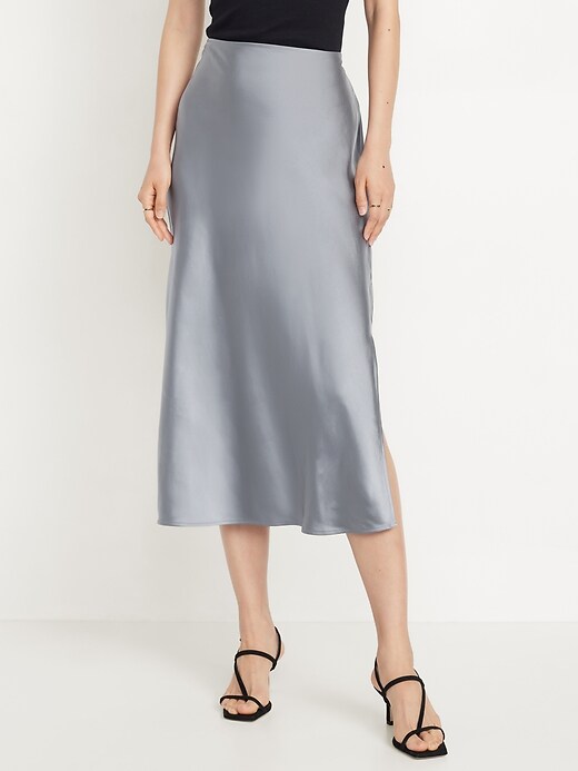 High-Waisted Satin Midi Slip Skirt