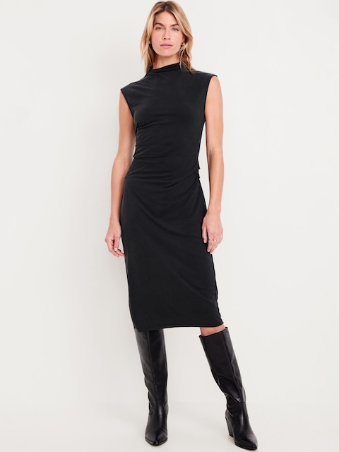 Ruched Midi Dress - Black