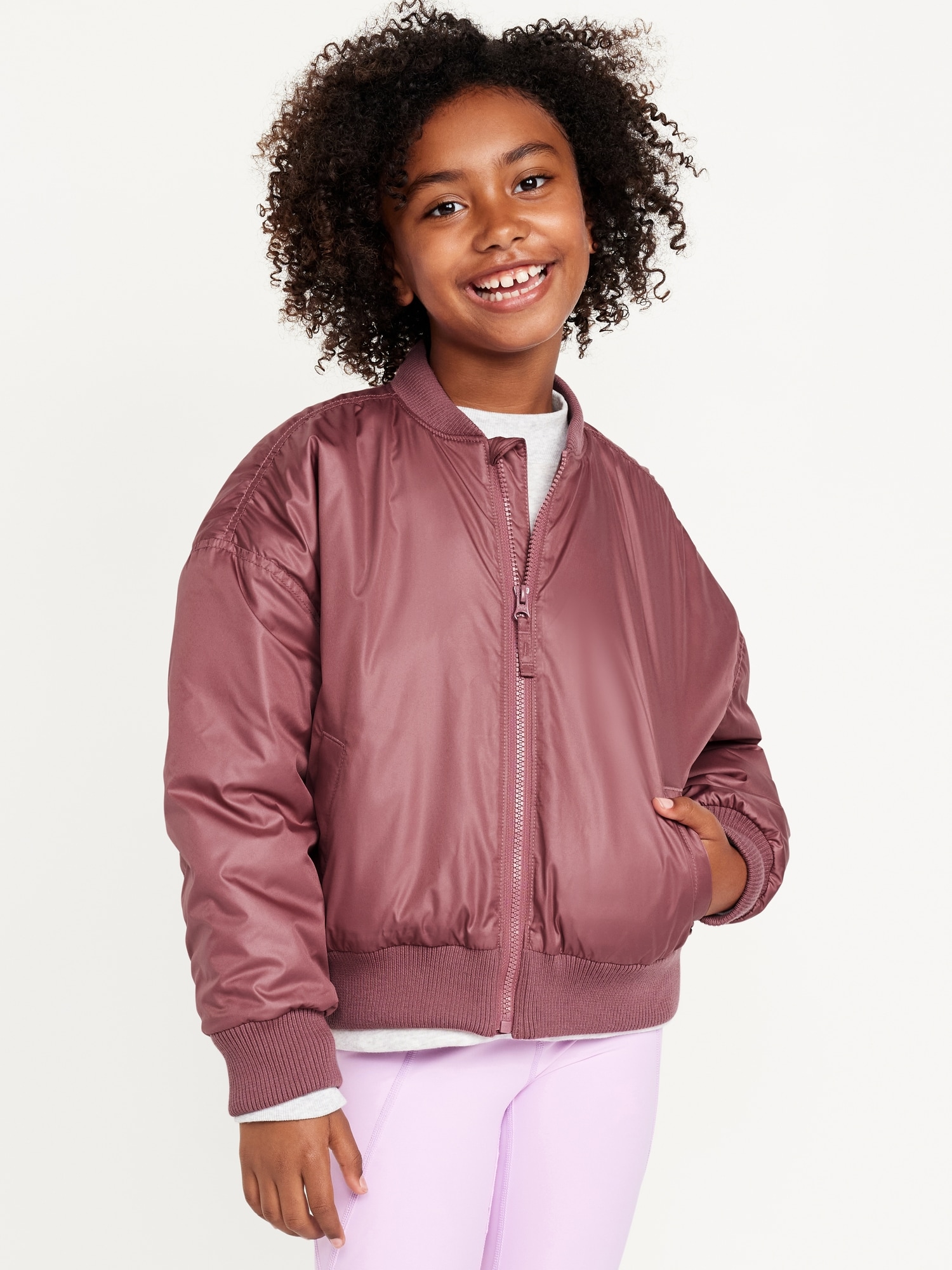 Water-Resistant Zip-Front Bomber Jacket for Girls