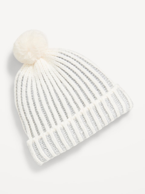 Shiny Pom-Pom Beanie for Toddler Girls - Cream