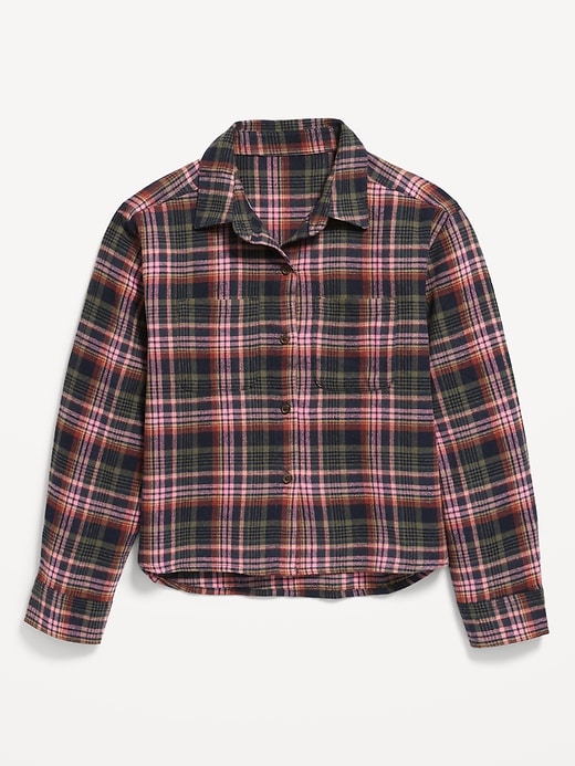 View large product image 2 of 3. Cropped Long-Sleeve Plaid Pocket Flannel Shirt for Girls