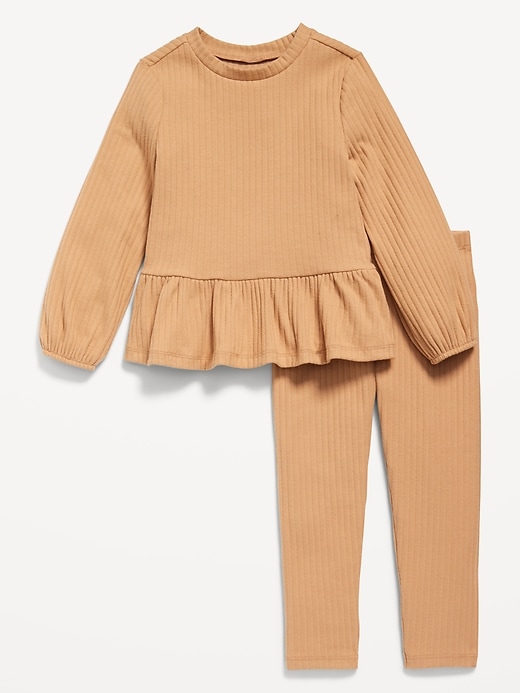 View large product image 1 of 2. Cozy Long-Sleeve Ribbed Peplum Top and Leggings Set for Toddler Girls