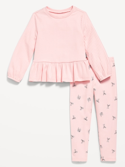 View large product image 1 of 3. Cozy Long-Sleeve Ribbed Peplum Top and Leggings Set for Toddler Girls