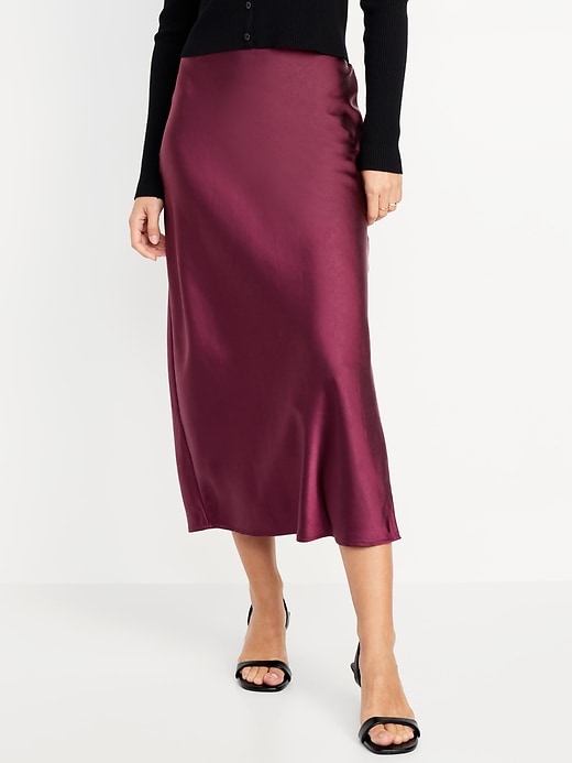 Image number 1 showing, High-Waisted Satin Midi Slip Skirt