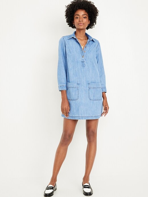 denim popover shirt dress Jean Jovesdaccio cat Size:MOM-4XL Color:DARK BROWN Dress to Impress in so it moves with