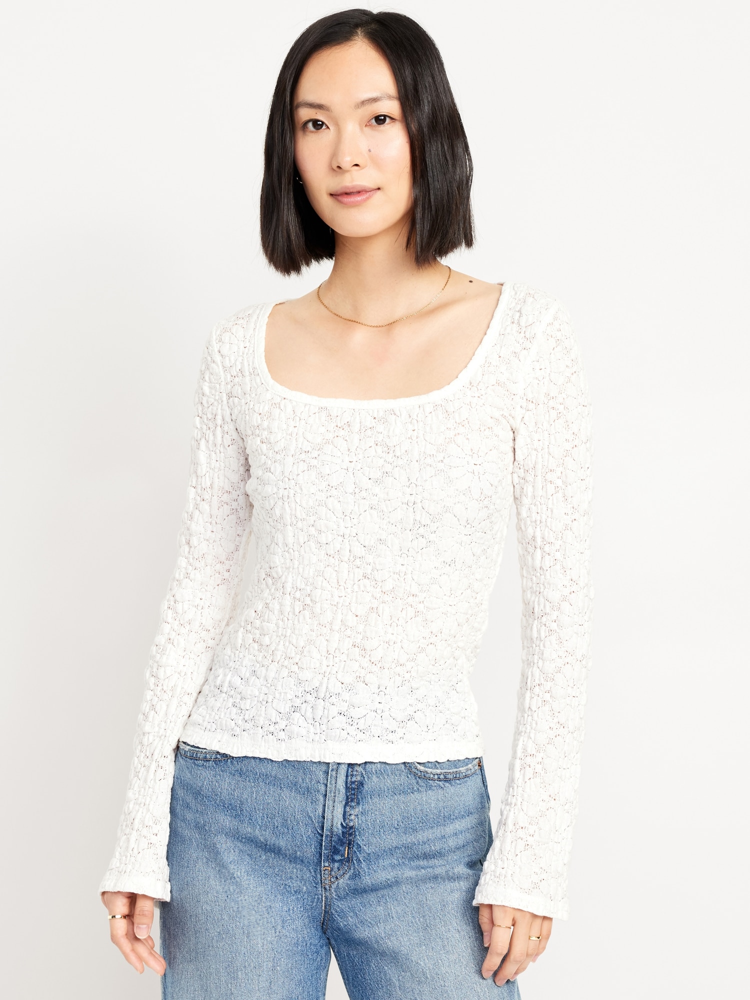 Textured Lace Scoop-Neck Top - White