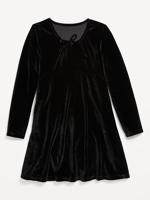 View large product image 2 of 2. Long-Sleeve Tie-Neck Velvet Swing Dress for Girls