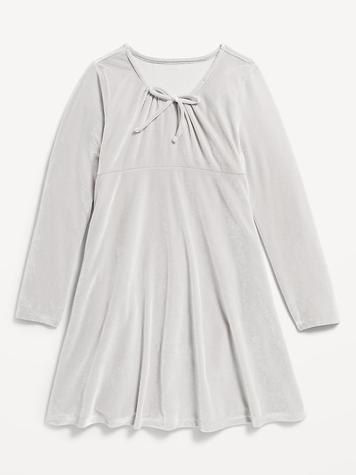 View large product image 2 of 2. Long-Sleeve Tie-Neck Velvet Swing Dress for Girls