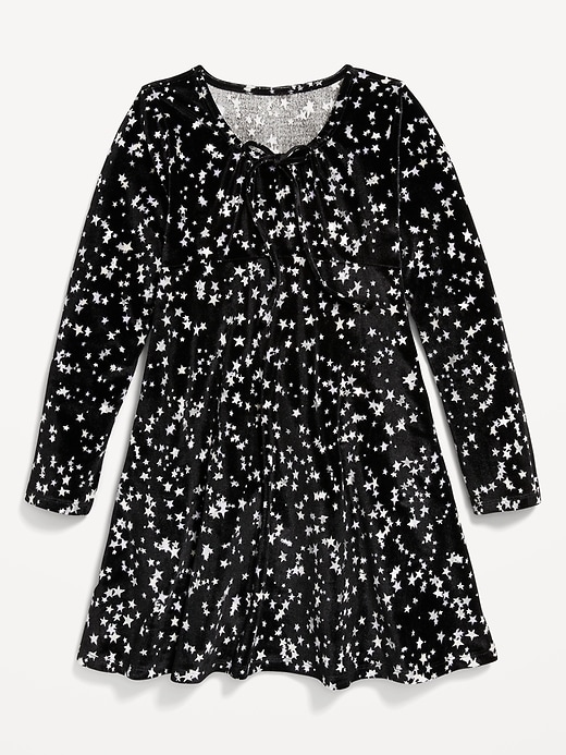 View large product image 2 of 2. Long-Sleeve Tie-Neck Velvet Swing Dress for Girls