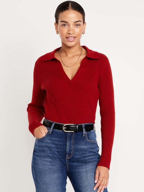 Ribbed Crop Polo Sweater - Red
