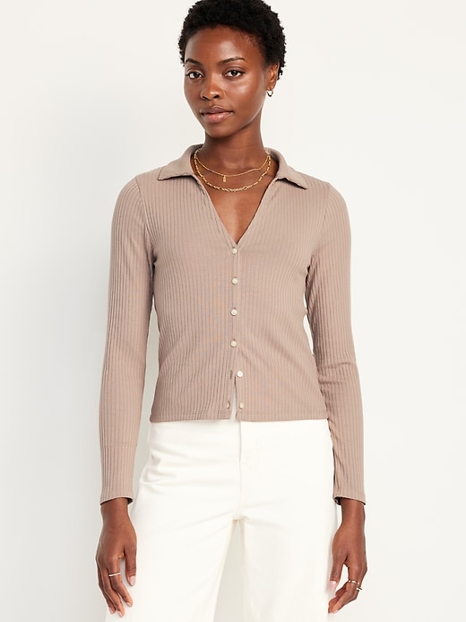 Image number 1 showing, Slim Ribbed Button-Down Top