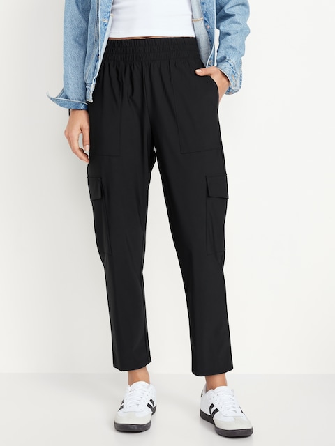 High-Waisted SleekTech Cargo Ankle Pants - Black Jack