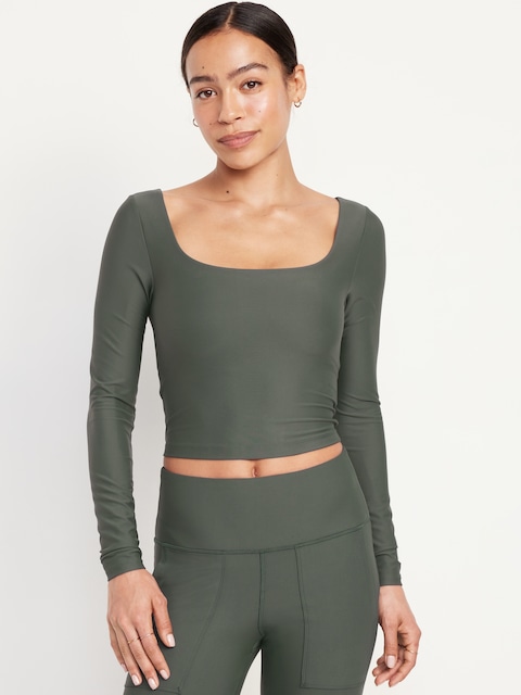 PowerSoft Long-Sleeve Crop Support Top - Dark Ivy