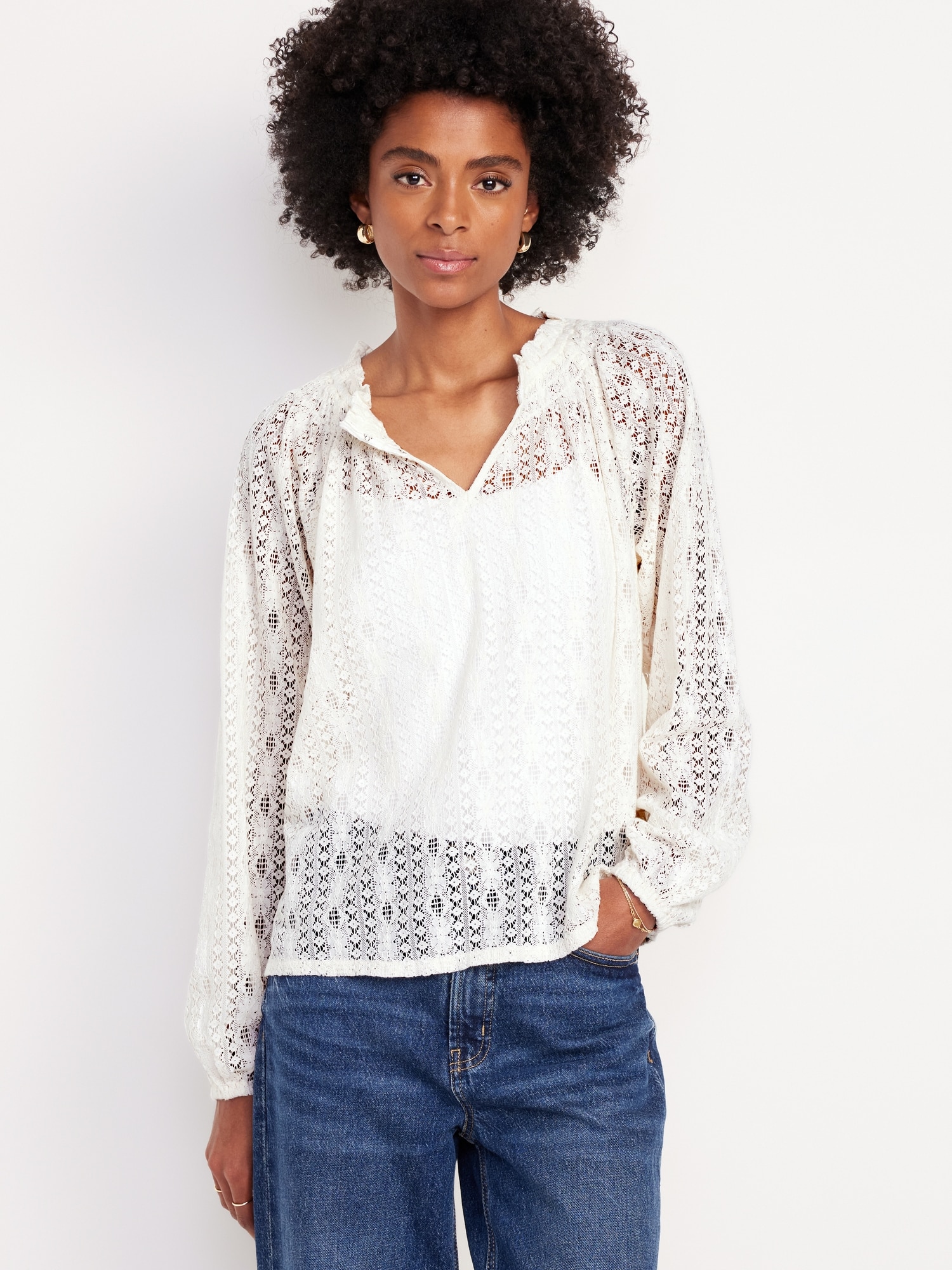 Split-Neck Lace Top - White