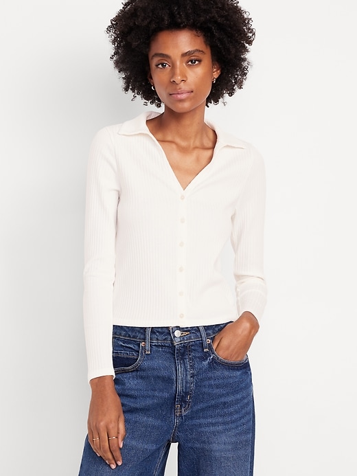 Image number 1 showing, Slim Ribbed Button-Down Top