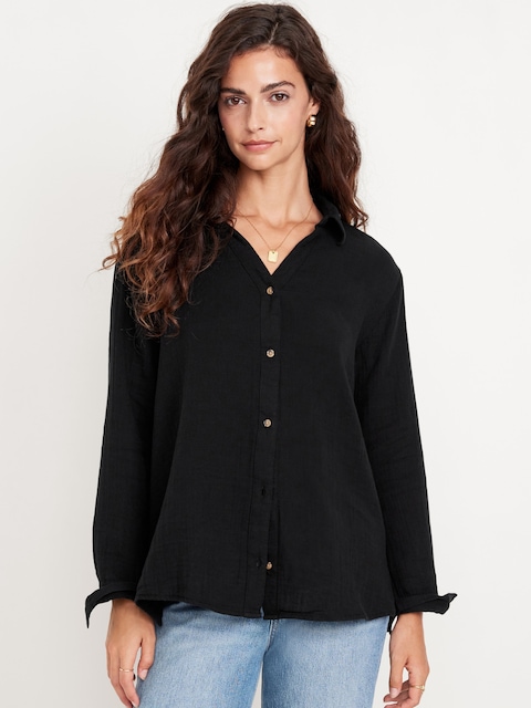 Crinkle Gauze Button-Down Boyfriend Shirt
