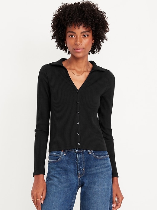 Image number 1 showing, Slim Ribbed Button-Down Top